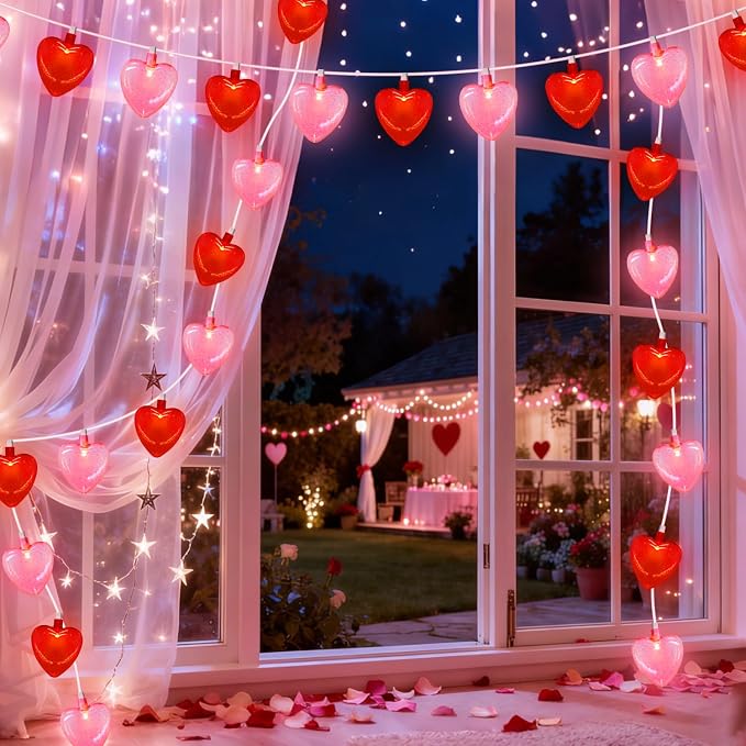 8.5Ft Red & Pink Heart String Lights, Valentine's Day Decorations Light with 10 LED Red Pink Glitter Heart Lights, Connectable Romantic Fairy Light for Wedding Valentine Anniversary Party Decor