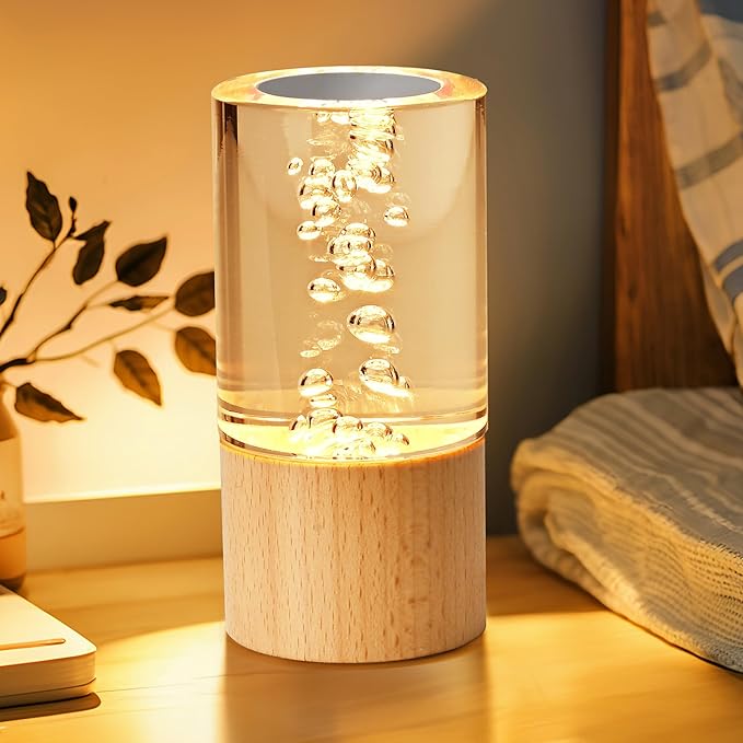 WLHONG Small Wood Table Lamp with USB - 3000K Dimmable LED Rechargeable Bedside Desk Light with Wooden Base, Portable Nightstand Bubble Lamps for Bedroom,Dorm,Living Room,Office Creative Lighting