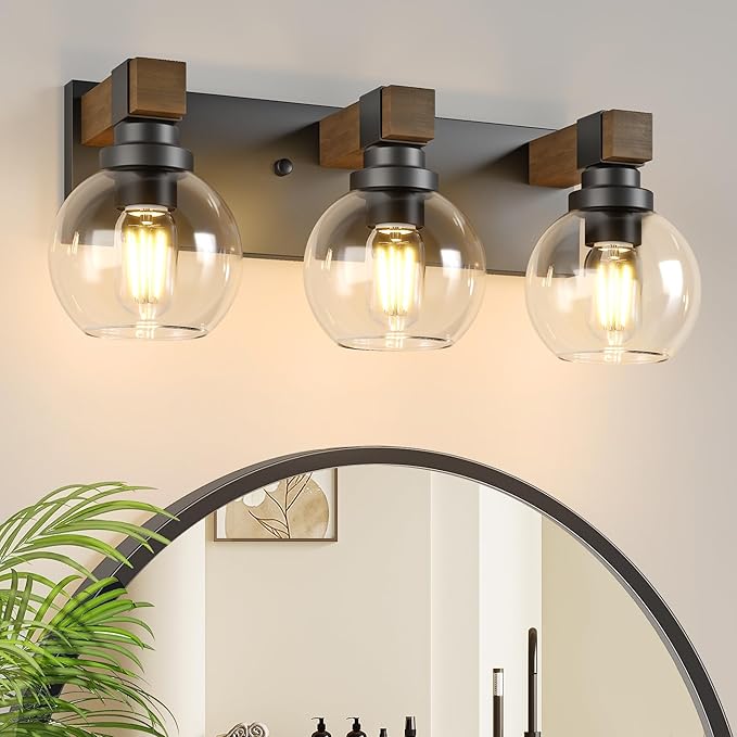 Farmhouse Bathroom Vanity Light Fixtures, 3-Light Wood Bathroom Light Fixtures Over Mirror, Rustic Vanity Lighting with Glass Shade for Living Room, Bedroom, Hallway