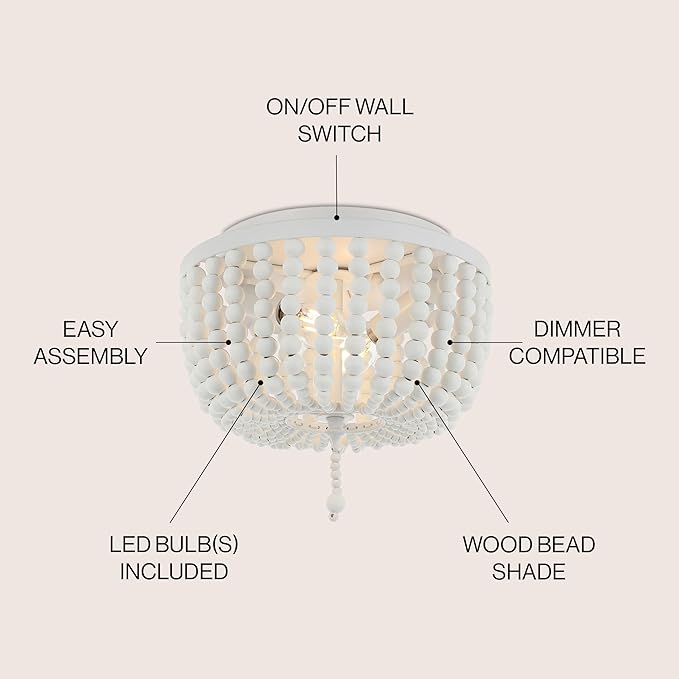JONATHAN Y 10" White Allison 2-Light LED Flush Mount Ceiling Light for Bedroom, Wood Beaded Shade Shabby Chic Farmhouse Rustic Decor, LED Bulbs Included (JYL9074D)