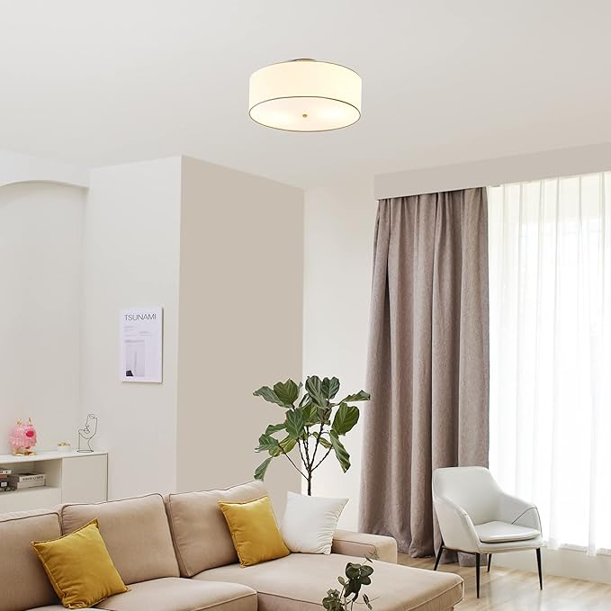 Globe Electric 2-Light Flush Mount Ceiling Light, Matte Brass Finish, White Linen Shade, E26 Base, Dimmable, Minimalist Home Lighting, 60998