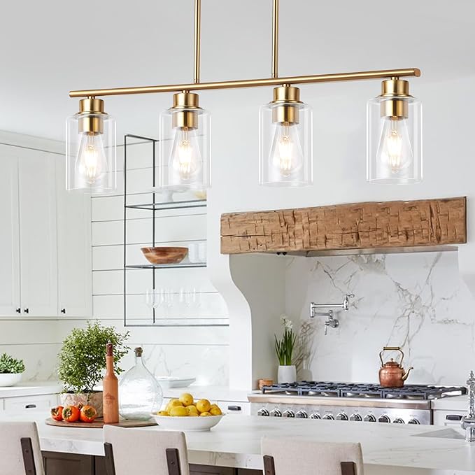 mavcadonf Kitchen Island Light, 4-Light Pendant Lighting, Farmhouse Industrial Dining Room Light Fixtures for Kitchen Island Dining Living Room, Brushed Gold with Clear Glass Shade