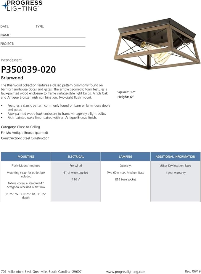Progress Lighting 2-Light Ceiling Light, Flush Mount Ceiling Light Fixture for Interior Kitchen Lights, Hallway, Bedroom, Living Room, 12-Inch by 6-Inch, Briarwood Collection, Antique Bronze