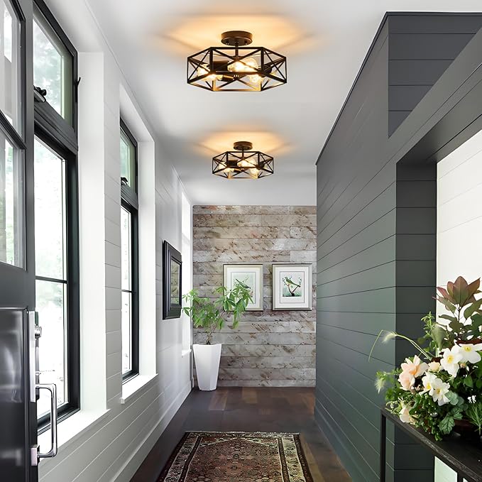 Modern Farmhouse Black Ceiling Light,Industrial Semi Flush Mount Ceiling Lighting Fixture,Hexagonal Lighting Fixtures for Kitchen,Bedroom,Foyer,Dining Room,Hallway,3-Light,14.6 Inch