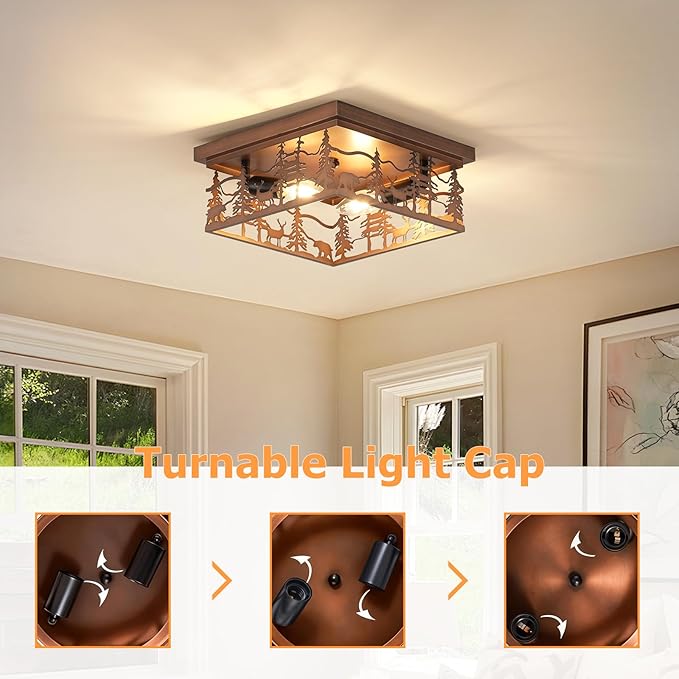 11" Rustic Farmhouse Flush Mount Ceiling Light, 2-Light Metal Fixture with Deer & Bear Design, Square Vintage Industrial Metal Cage Light Perfect for Kitchen, Foyer, Bedroom
