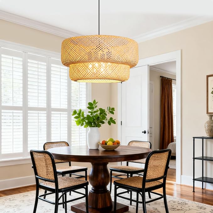 23.62” Farmhouse Bamboo Chandelier 4-Lights Large Hand-Woven Rattan Pendant Light Boho Wicker Dining Room Lights Fixtures for Living Room Bedroom Restaurant Cafe Kitchen Island