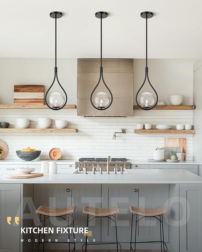 AUTELO Black Pendant Light Fixtures, 1-Light Pendant Lights Kitchen Island with Clear Globe Glass, Modern Pendant Lights, Black Hanging Lights for Kitchen Island H9377 CLBK