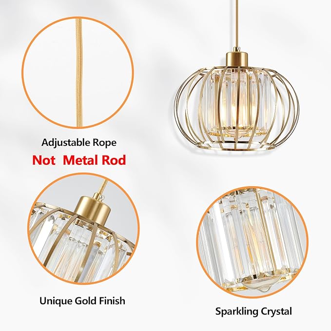 XSDeTu Gold Pendant Light Fixture, Modern Crystal Pendant Lights Kitchen Island, 1-Light Farmhouse Mini Chandelier, Adjustable Brass Hanging Light Fixture for Hallway, Bedroom, Dining Room