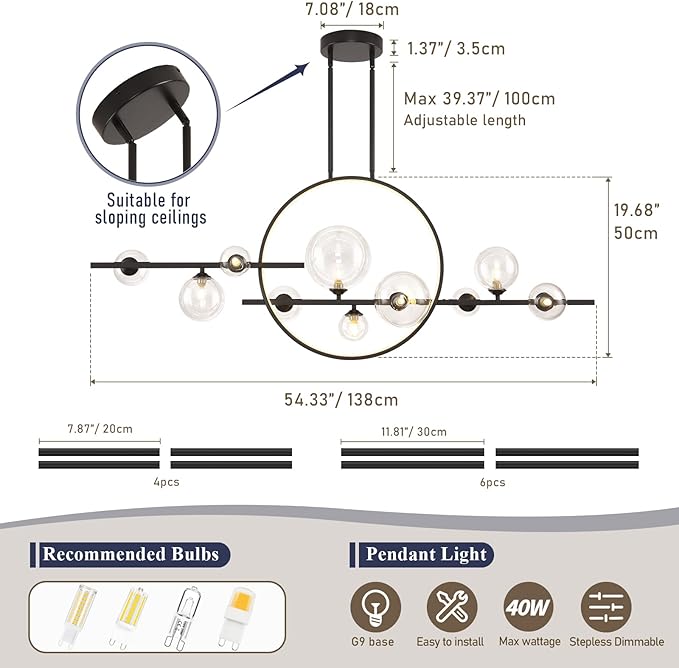 KELUOLY 10 Lights Modern Pendant Light Fixtures, 54" Black Dimmable Mid-Century Dining Room Large Bubble Chandeliers, Linear Kitchen Island Lights with Spherical Clear Glass Shade for bar, Cafe