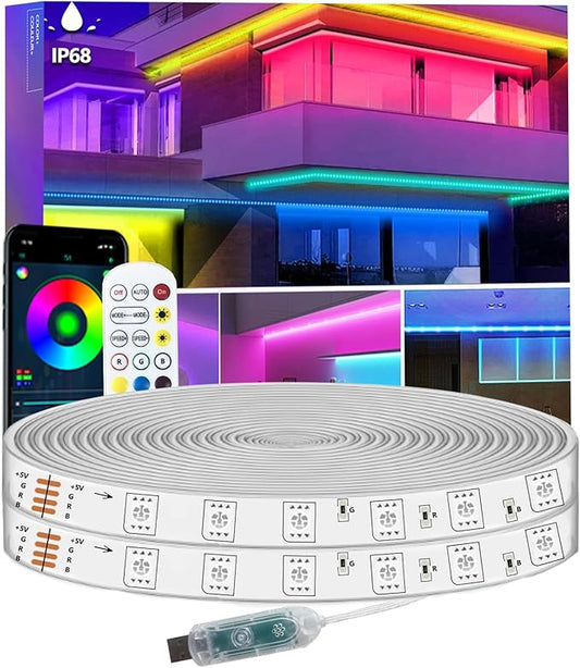 32.8FT LED Strip Lights IP68 Outdoor Waterproof, 5V USB Powered, Music Sync Bluetooth APP/RF Remote Control Lights for Balcony,Deck,Camping,Garden,Bedroom Decor