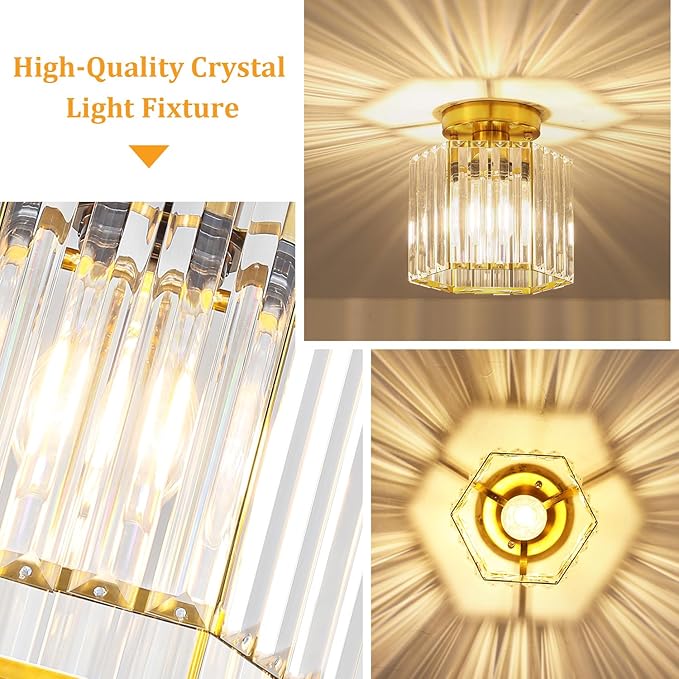 TOULMJ 2 Pack Brushed Gold Ceiling Lights, Modern Crystal Semi Flush Mount Kitchen Ceiling Lighting Fixtures Hallway Ceiling Lamp for Bathroom Bedroom Laundry Room Entryway Foyer Lighting