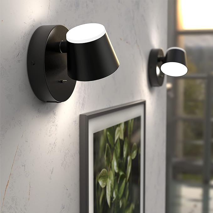 URSOLA Wall Light LED Wall Sconce with On/Off Switch USB Port 110 Volt Hardwired Wall Lamp 350 Rotatable Up Down Sconces Wall Lighting (Black)