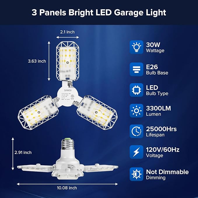 SANSI 3-Panel Deformable LED Garage Light, 300W Equivalent 30W, Garage Lights Ceiling Led,E26 Screw in Adjustable Shop Light with 5000K Daylight, for Garage Workshop Basement, ETL Certified
