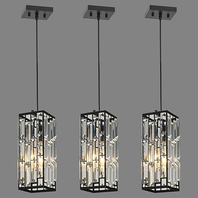 Black Hanging Kitchen Island Modern Concise Crystal Pendant Light Fixture, Adjustable Mini Crystal Pendant Lights Kitchen Island for Kitchen, Dining Room, and Bedroom (3 Pack)