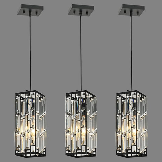 Black Hanging Kitchen Island Modern Concise Crystal Pendant Light Fixture, Adjustable Mini Crystal Pendant Lights Kitchen Island for Kitchen, Dining Room, and Bedroom (3 Pack)
