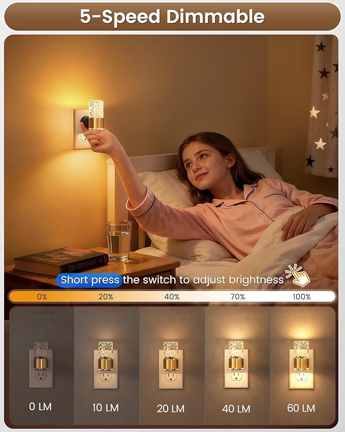 NIORSUN Night Light Plug into Wall, Dimmable Nights Lights with 3 CCT & 5 Brightness Levels, Slim Acrylic Plug in Night Light, Auto Dusk to Dawn Sensor for Stairs, Hallway, Bathroom, Gold, 2 Pack