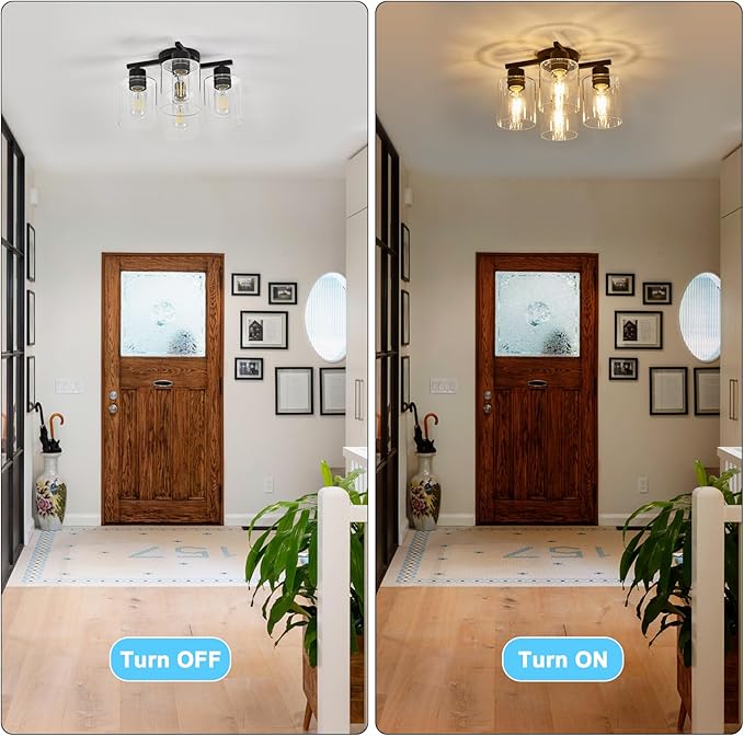 Kitchen Lighting Fixtures Ceiling, Black Semi Flush Mount Ceiling Light, 4 Light Kitchen Light Fixtures Cieling Lights with Clear Glass Shade for Bedroom Foyer Farmhouse Hallway