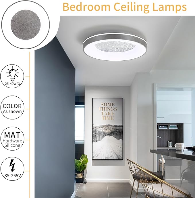 LED Flush Ceiling Light, 11in Grey Round Ceiling Light Dimmable 3000K/4500K/6500K Color Recessed Lamp for Living Room, Bedroom, Office,Hallway