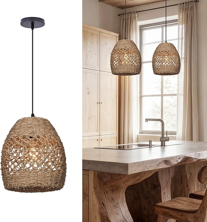 9.8" Boho Rattan Chandelier Light Fixture, 1-Light Hand Woven Wicker Small Pendant Lights Kitchen Island Farmhouse Rustic Hanging Lamp for Dining Room, Bedroom, Living Room, Entryway, Foyer