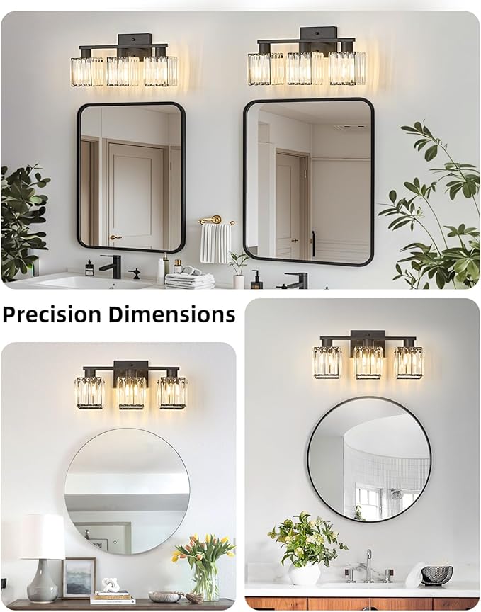 OKELI 3-Light Bathroom Light Fixtures, Modern Black Crystal Wall Light for Bathroom,Lighting Fixtures Over Mirror