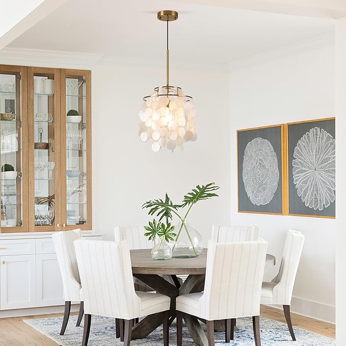 White Shell Pendant Lights, Brushed Brass Coastal Seashell Chandelier Metal 2 Tiers Ceiling Hanging Light Fixture for Kitchen Island Dining Room Entryway Bedroom Foyer, E26 Socket