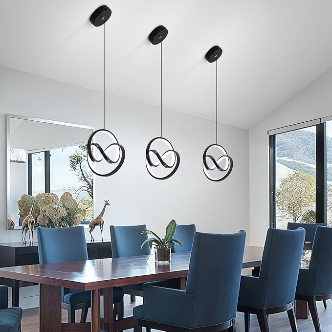 Modern LED Pendant Light Fixtures 6000K Pendant Lights Kitchen Island Lighting Adjustable Height Black Hanging Lamp for Dining Room Bedroom Living Room (1 Pack)