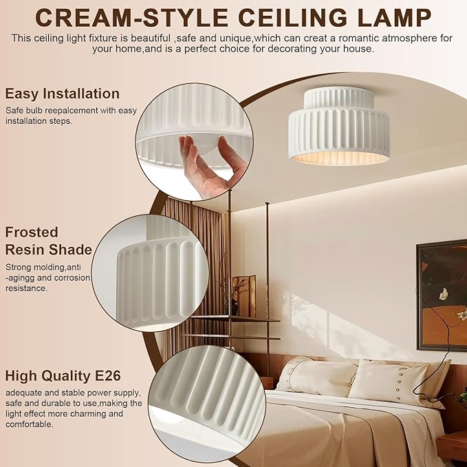Mid Century Cream Semi Flush Mount Ceiling Light Nordic Style Round 9.1" D x 9.1" W x 6.3" H E26 Base LED Ceiling Lamp for Bedroom, Living Room, Kitchen, Hallway