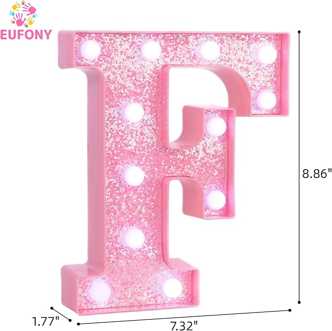 Pink Marquee Light Up Letters, Glitter Alphabet LED Letter Lights for Pink Birthday Party Decorations, Battery Operated Letter Sign for Girls Room Vanity Table Decor, Cool White Lights Letter F