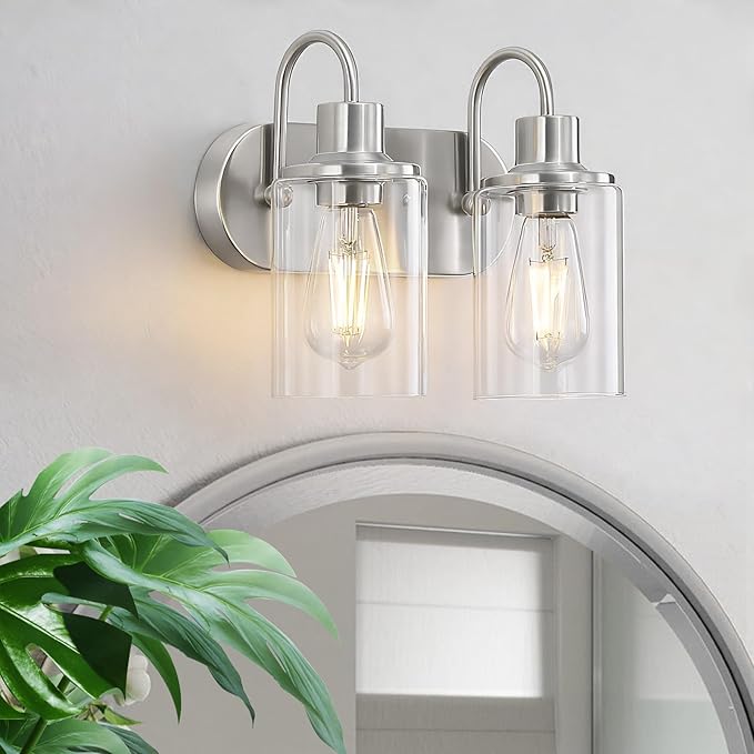 Brushed Nickel Bathroom Light Fixtures Over Mirror,2-Light Bathroom Vanity Light with Clear Glass Shade,Modern Farmhouse Wall Sconces Lighting for Kitchen Living Room Bedroom Cabinet