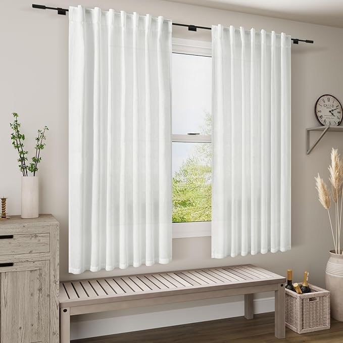 White Linen Curtains for Living Room 54 inch Length White Light Filtering Semi Sheer Curtains Panels Back Tab and Rod Pocket Modern Farmhouse Drapes Curtain for Bedroom, 2 Panels 34 x 54 Inch