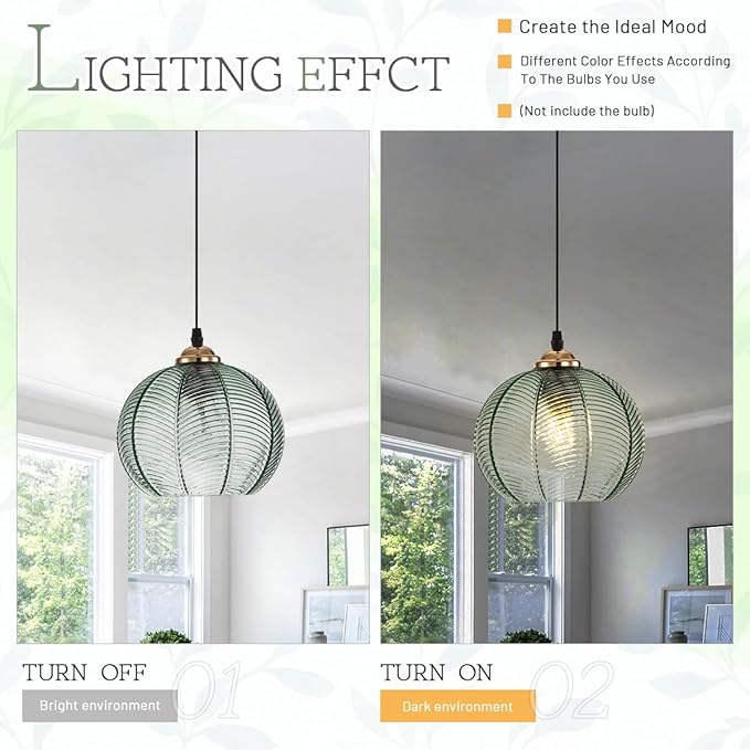 Plug in Hanging lamp 2 Pack,14.75ft Hanging Light with Plug in Cord Hand Blown Green Glass Pendant Lamp Globe Pendant Light Plug in Pendant Light for Kitchen Bedroom Living Dining Room