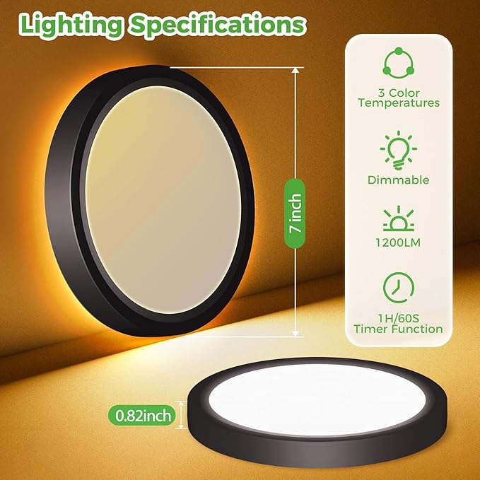 zemty 7 Inch LED Ceiling Light with Night Light 1800K, 3000K/4000K/6500K Dimmable Light Fixtures with Remote Control,12W 1200lm Flush Mount Ceiling Lamp for Bedroom LivingRoom Bathroom Kitchen-Black