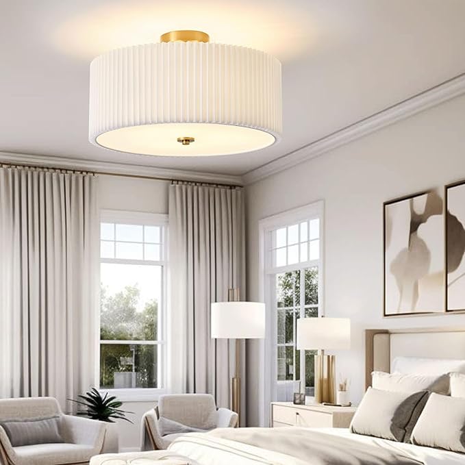 Semi Flush Mount Ceiling Light,17.7"Modern Close to Ceiling Light Fixture With White Fabric Shade, Light Fixtures Ceiling Mount Bedroom Ceiling Light for Bedroom Foyer Kitchen Living Room(Gold)