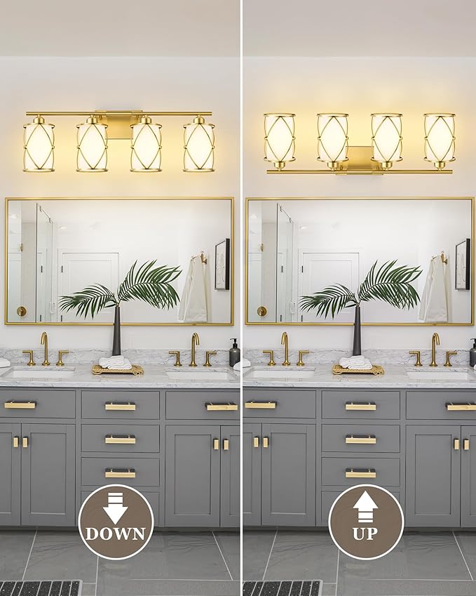 4-Light Brushed Gold Bathroom Light Fixtures with Milk Frosted Glass, 29" Modern Bathroom Vanity Lighting Fixtures Over Mirror with Metal Cage, Wall Sconce Lights for Bath, E26, CH9176BGW-4W