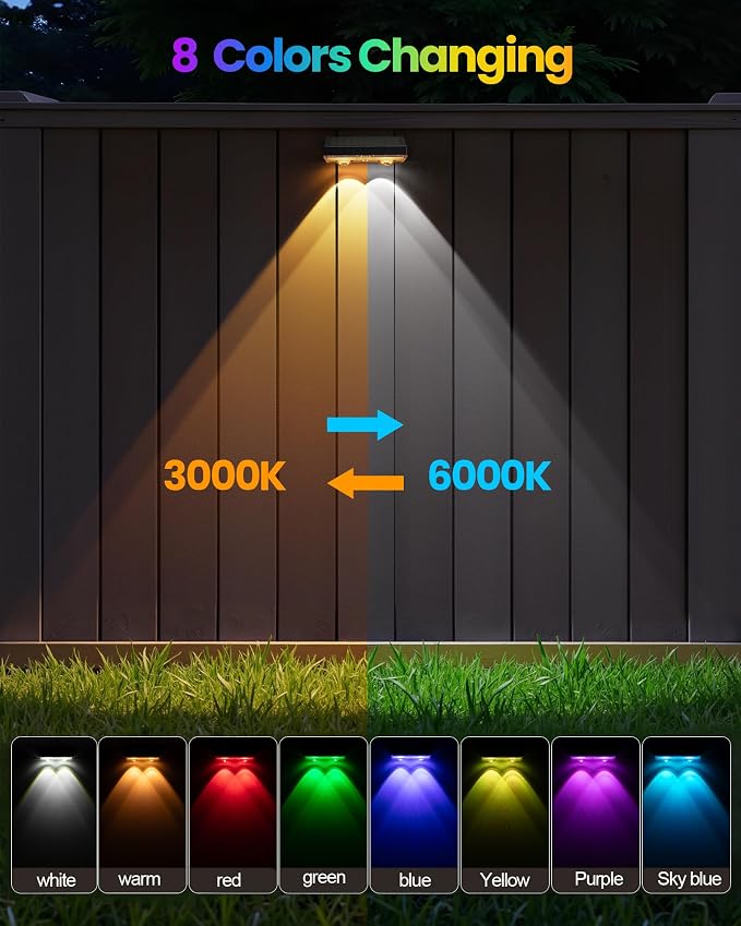 Bridika Solar Fence Lights Outdoor Waterproof, 6 Pack Solar Powered Deck Lights for Backyard, Wall, Patio & Garden - 8 Color Changing Modes, Bright LED with Lens, Dusk to Dawn Black