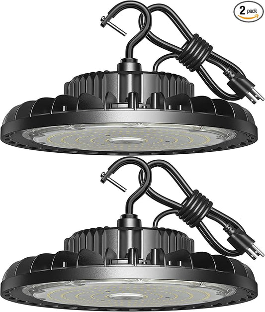 LED High Bay Light 150W 21000LM 5000K, LED Shop Lights for Garage Super Bright with 110-277V US Plug 5’ Cable Waterproof UFO Commercial Warehouse Workshop Factory Area Lighting Fixture, 2 Pack