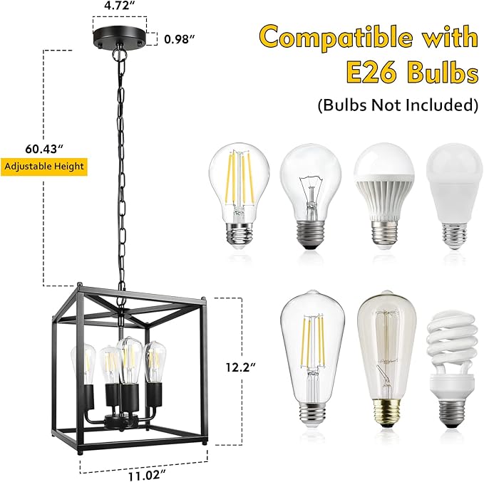 Unicozin 4-Light Black Farmhouse Chandelier, Iron Lantern Pendant Light Rustic Cage Adjustable Height, E26 Base Industrial Hanging Lights for Kitchen Island Dining Room Hallway Foyer Entryway