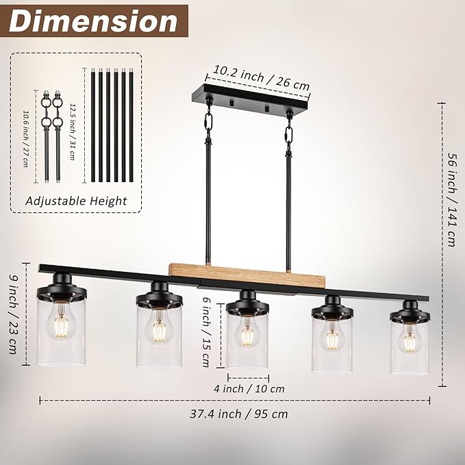 5-Light Kitchen Island Lighting, Farmhouse Dining Room Chandelier over Table, Modern Pendant Light Fixture with Adjustable Height, Large Black Ceiling Light for Dining Table Sloped Ceiling Compatible