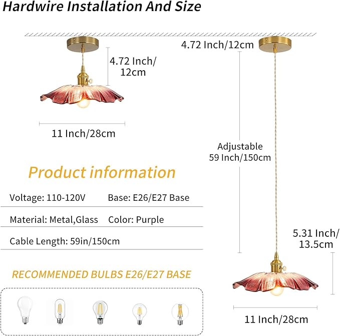 Pendant Lights Kitchen Island Glass Vintage Hanging Light Fixture Purple Flower Light E26 Gold Lights for Bedroom Kitchen Hallway Light Fixtures Bathroom Purple Sunflower Light 2 Pack
