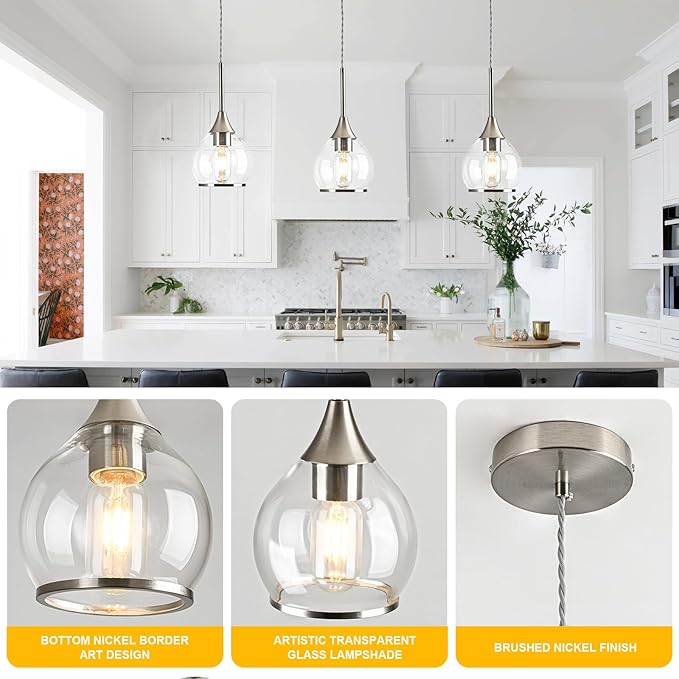 1-Piece Island Light for Kitchen, 1-Light Brushed Nickel Kitchen Island Hanging Pendant Light with Clear Round Glass Shades, Brushed Nickel Finish Dining Room Light Fixture Over Table