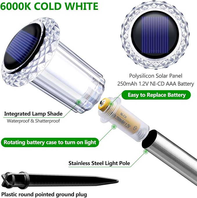 DenicMic Solar Pathway Lights Outdoor Waterproof 6000K Cold White LED Decor | Yard Garden Driveway Walkway Landscape Path Lights Diamond-like Style Starburst Light Pattern, Acrylic/Stainless Steel 15Pack