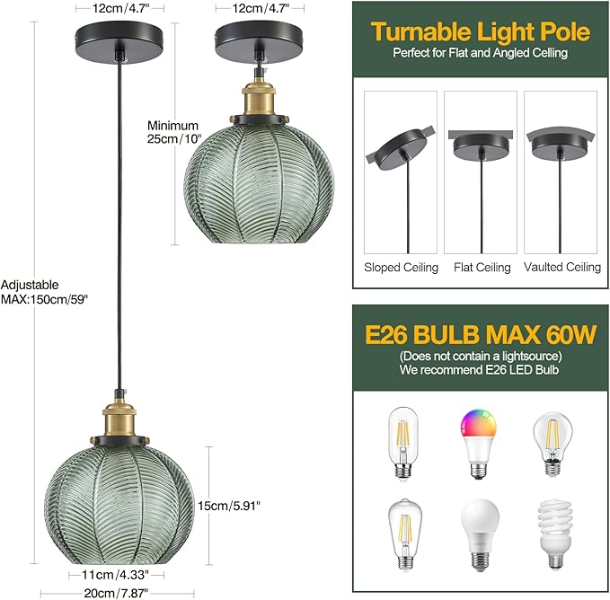 7.8in Vintage Pendant Light 1- Light Kitchen Sink Pendant Lights with Green Hand Blown Glass Small Hanging Lamp for Kitchen Island Dining Room Bedroom Bathroom Hallway E26