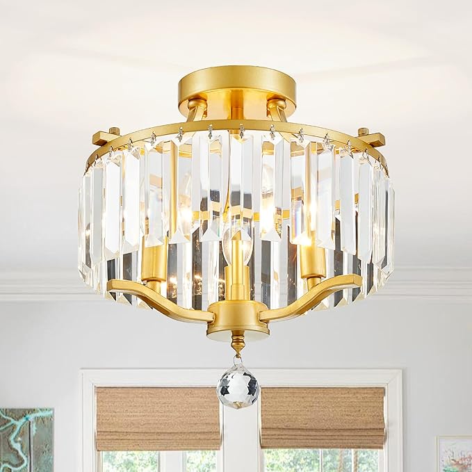 12.2'' Modern Gold Crystal Ceiling Light Fixture Farmhouse 3-Light Semi Flush Mount Drum Chandelier for Dining Room, Bedroom, Kitchen, Hallway, Entryway, Foyer, E12 - MJ055GD