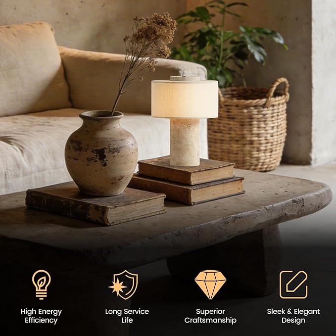 Stone Lamp, Natural Travertine Table Lamp 10 Inch Marble Wabi Sabi Light Fixture Organic Modern Home Decor Warm to Cool White Light for Bedside, Console, Entryway, Counter...(Plug-in Travertine Lamp)