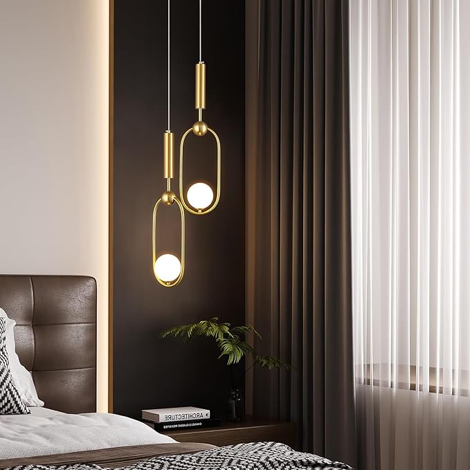 Modern Oblong Glass Pendant Light fixtures 2-Light, Simplicity Gold Pendant Lighting, Mid Century Chandelier for Kitchen Island Dining Room Bedroom Entryway Hallway(1-Pack)