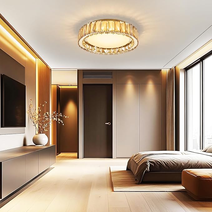 Amber Crystal Dimmable Flush Mount Ceiling Light, Gold Modern LED Close to Ceiling Light Fixture with 5CCT 2700K-6000K, Round Kitchen Lighting for Bedroom,Laundry Room, Hallway, Living room (15in 36W)