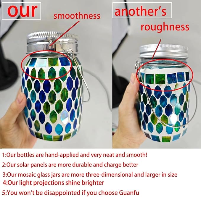 Solar Mosaic 2pack Outdoor Waterproof Cool Blue Mosaic jar Decor Christmas Gifts for Women Mom Grandma Halloween Hanging Solar Lights Decoration Outside for Yard, Patio,Backyard,Porch (Contemporary)