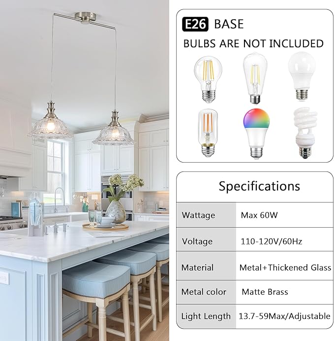 HDDFL 2 Light Pendant Light Fixtures Modern Glass Hanging Lights with Adjustable Cord for Kitchen Island Dining Room Living Room Hallway Brushed Nickel Metal