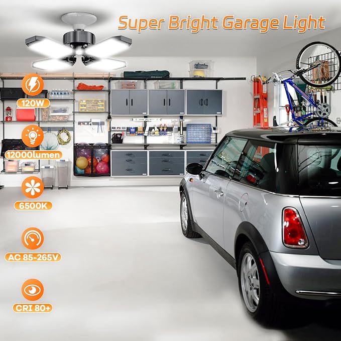 Garage Light, 2 Pack 120W 12000LM LED Garage Ceiling Lights 6500K, 4 Panels Deformable Shop Lighting Screw into E26 E27 Bulb Socket, LED Light for Shop, Workshop, Basement, Attic, Bay
