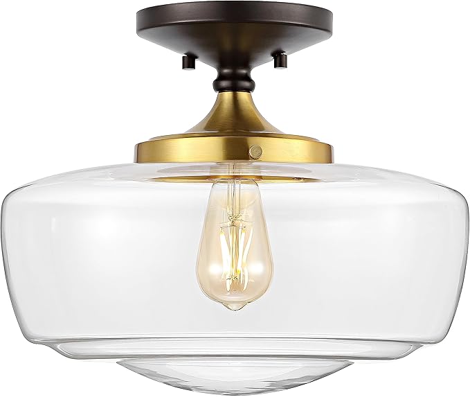 JONATHAN Y 14" Oil Rubbed Bronze/Brass Gold Modern Farmhouse LED Flush Mount Light Fixture, Clear Glass Shade, Rustic Industrial Schoolhouse Lamp for Kitchen Hallway Bedroom (JYL7517E)